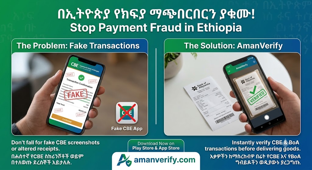 Aman Verify app scanning a Commercial Bank of Ethiopia receipt and showing a verified payment, with fraud detection, detailed reports and voice notification features for Ethiopian banks