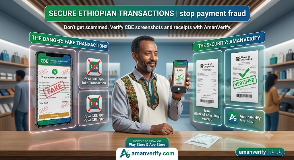 Aman Verify payment verification app for Ethiopian businesses, supporting CBE, Telebirr, Bank of Abyssinia, Dashen, CoopPay and KAAFI in Amharic, Afaan Oromo, Somali and English